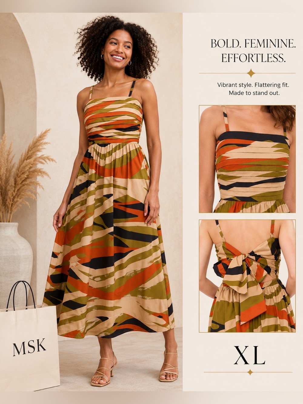 MSK Olive, Rust & Black Striped Midi Dress